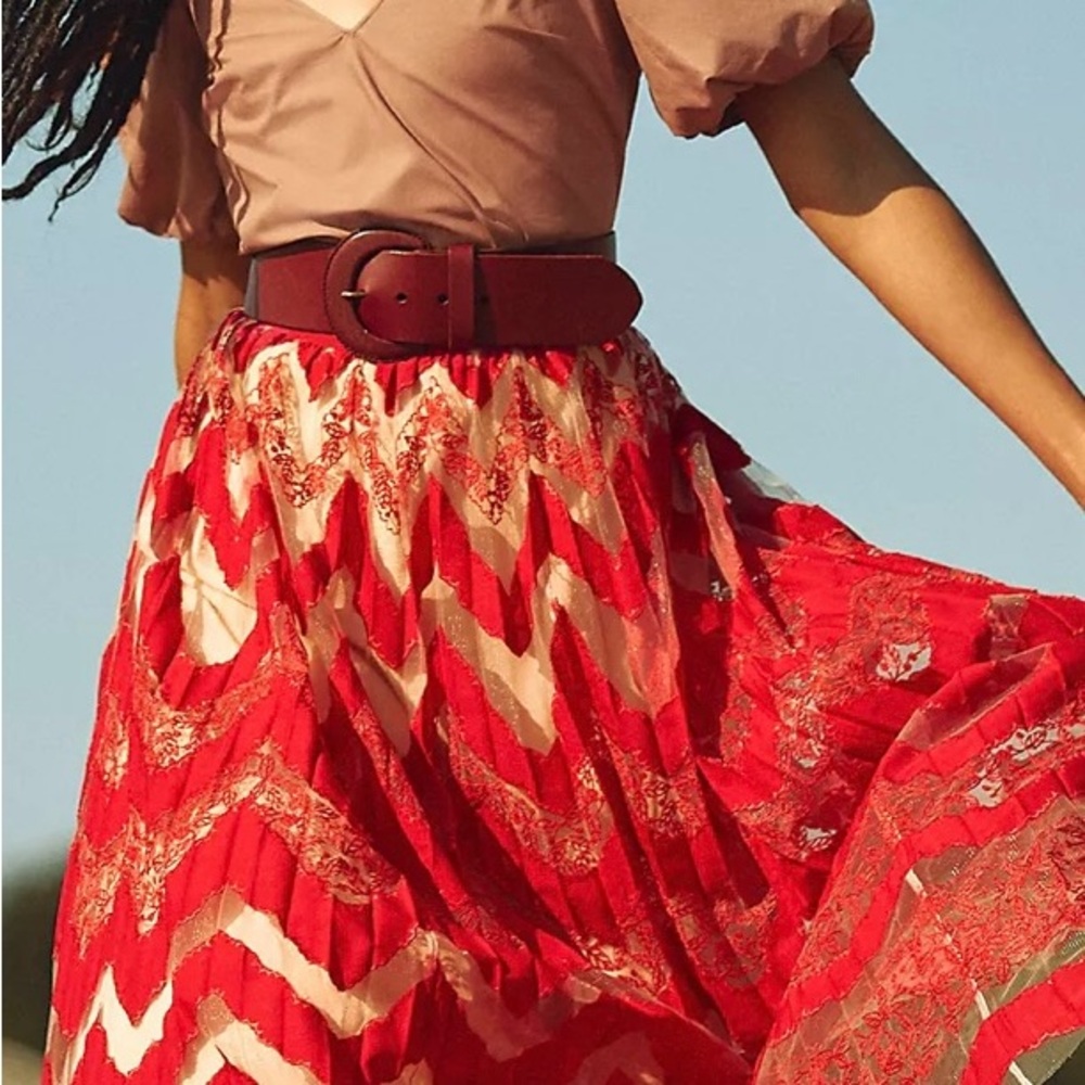 Anthropologie Red and White Pleated Midi Skirt